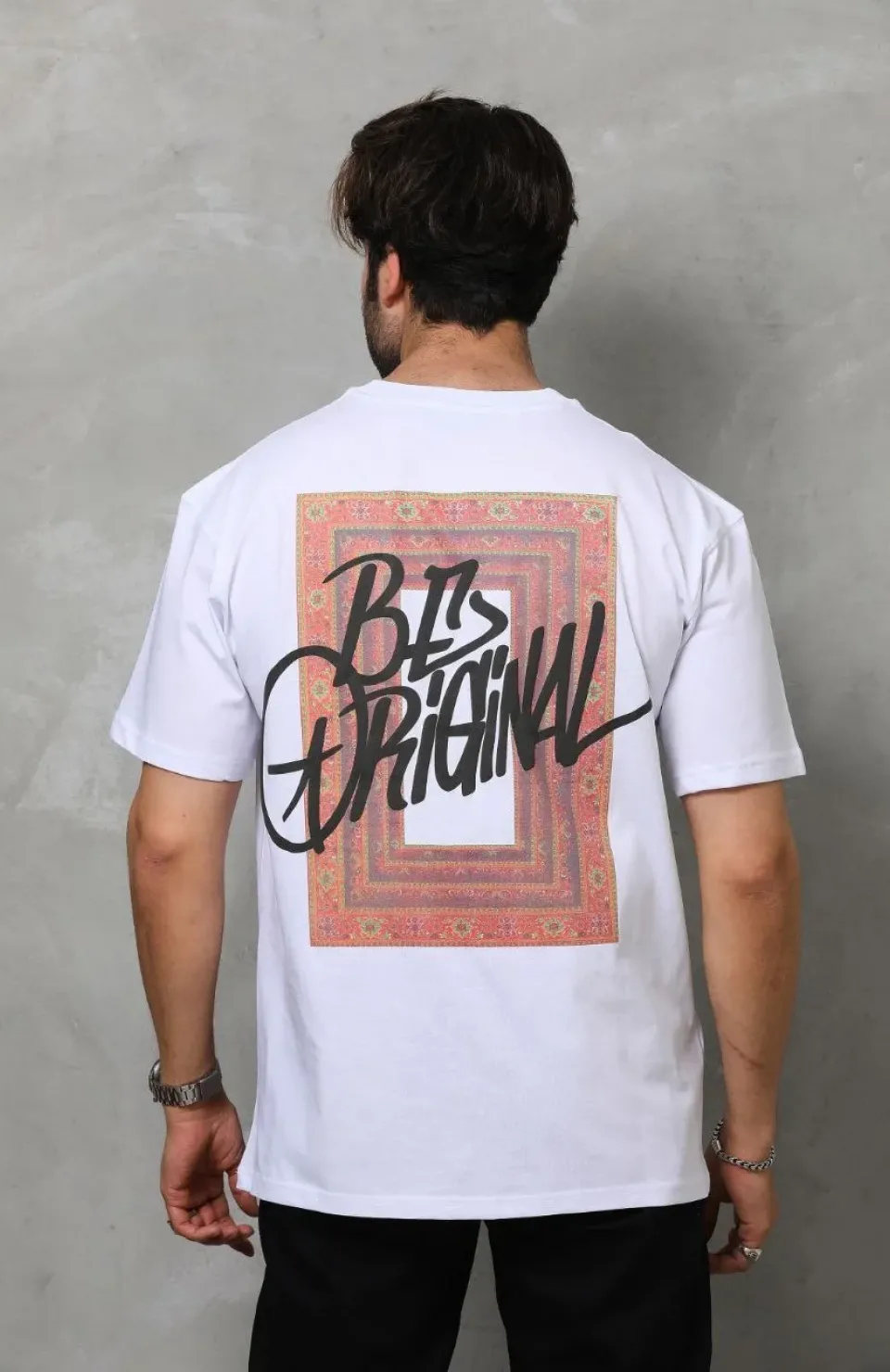 Unisex Bisiklet Yaka Baskılı Oversize T-Shirt - Beyaz