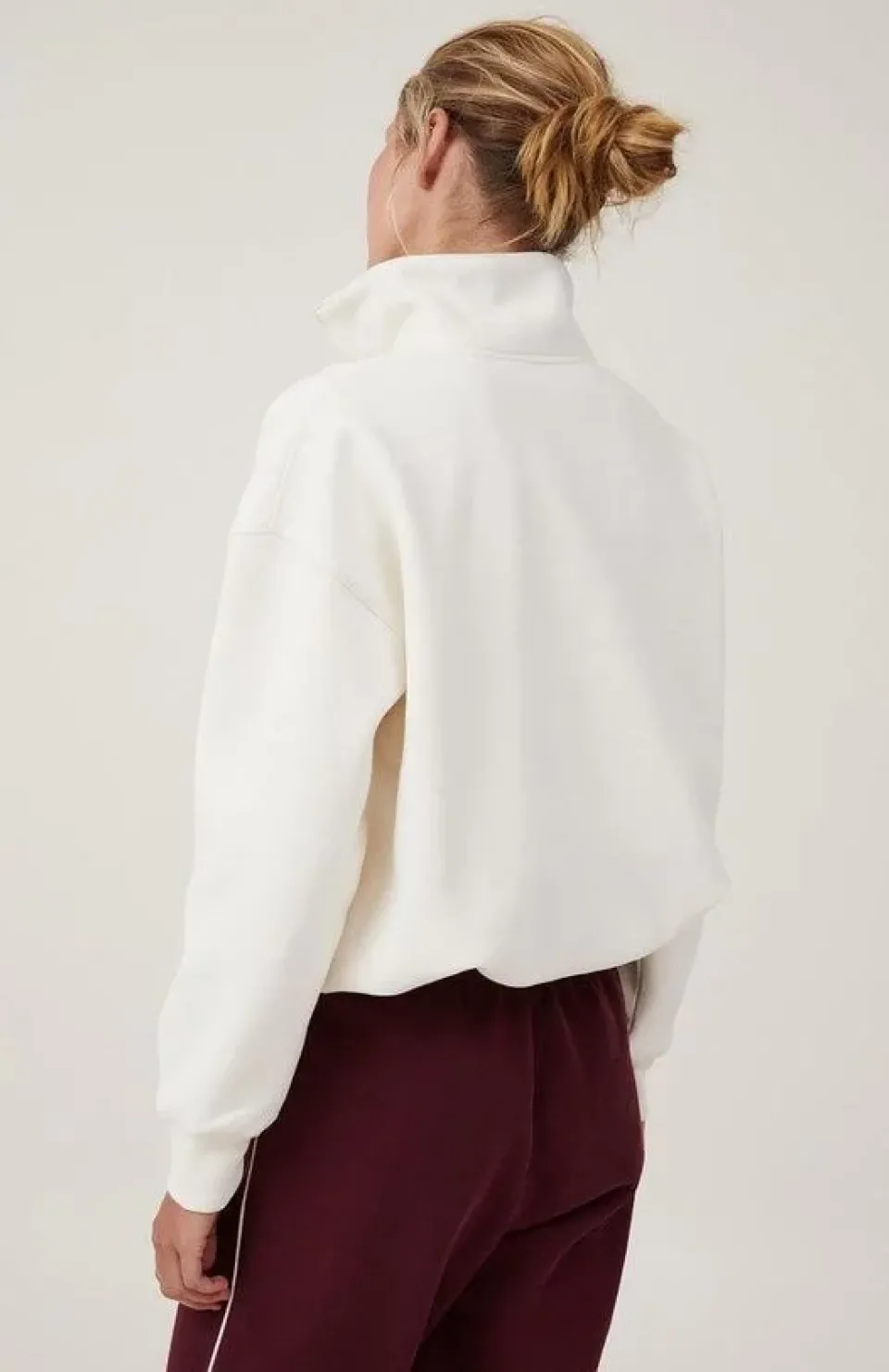 Oversize Yarım Farmuarlı Yakalı Basic SweatShirt - Beyaz