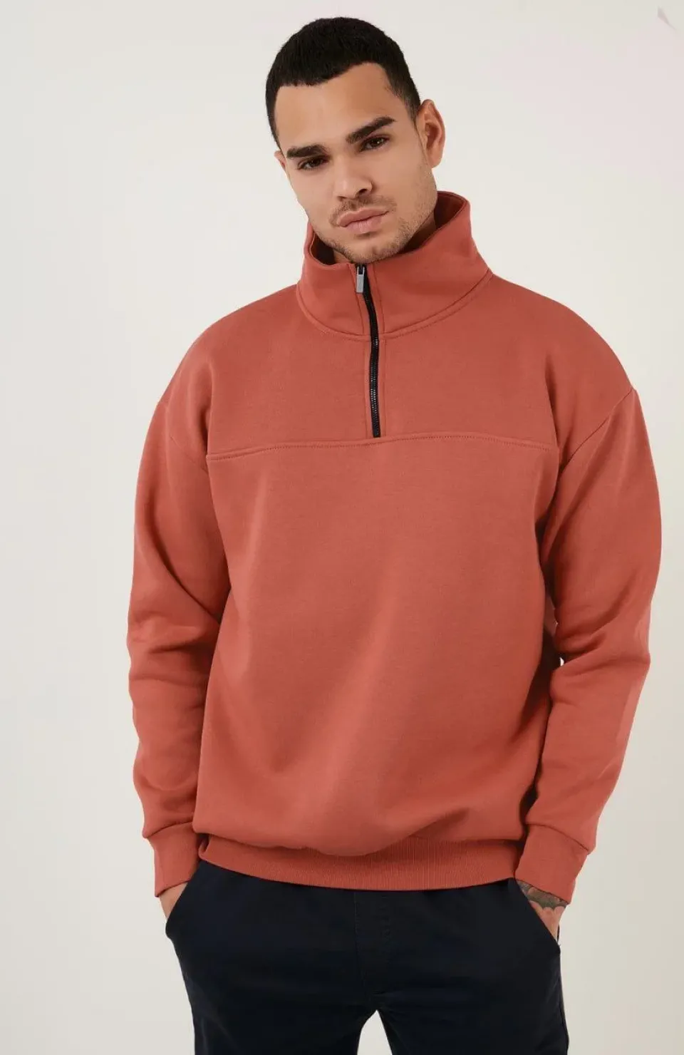 Oversize Yarım Farmuarlı Yakalı Basic SweatShirt - Gül Kurusu