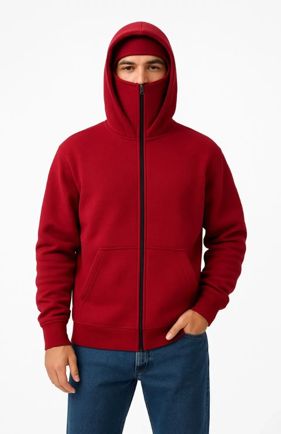 Samuray Ninja Çift Kapşonlu ZIP Fermuarlı Kanguru Çepli Tam Fermuarlı Hoodie Swetshirt - Kırmızı
