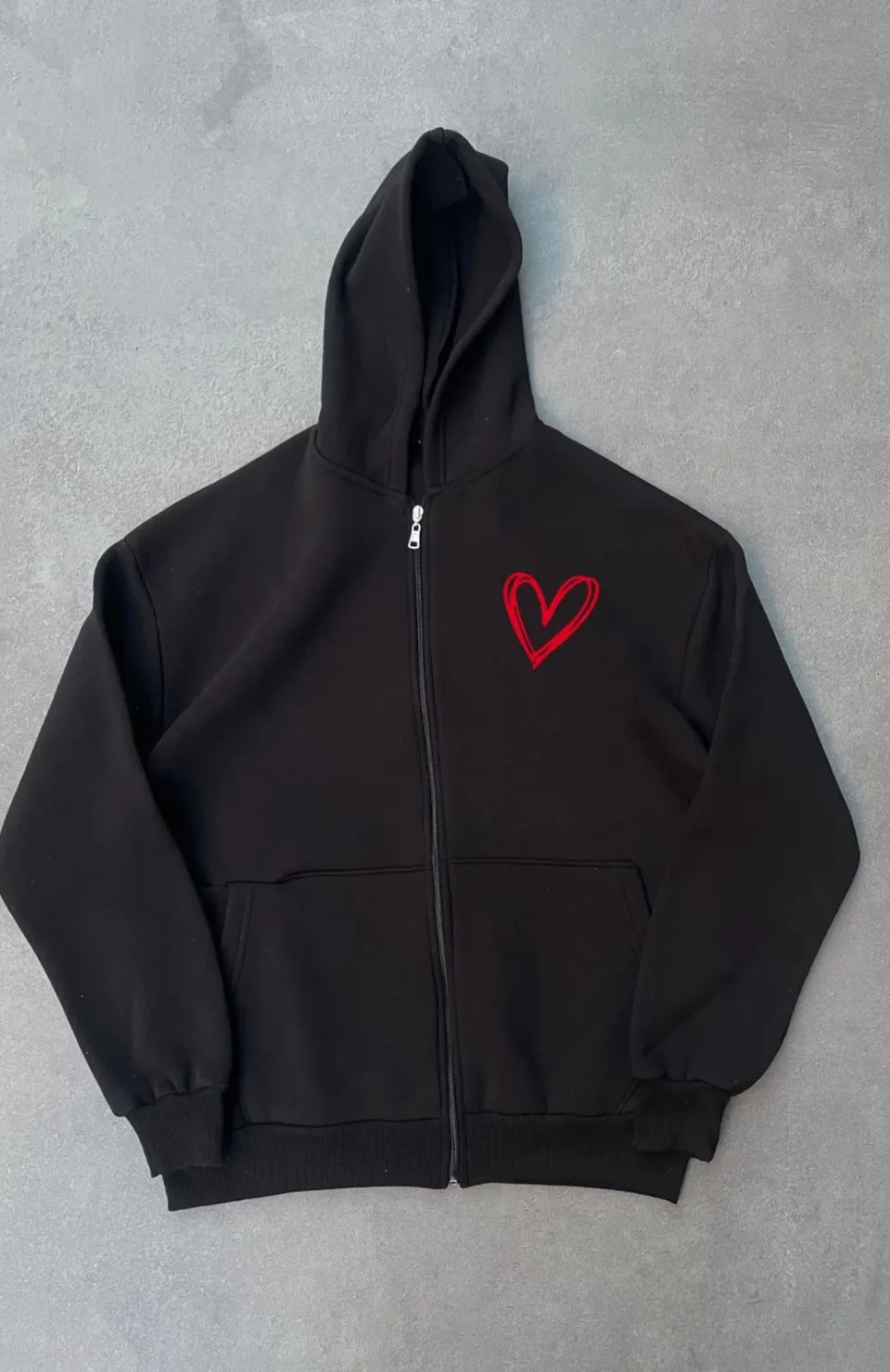 Üç İplik Baskılı Fermuarlı Kapüşonlu Hırka - Siyah