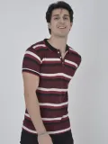 Erkek Yakalı Slim Fit Dokuma Çizgili T-Shirt - Bordo
