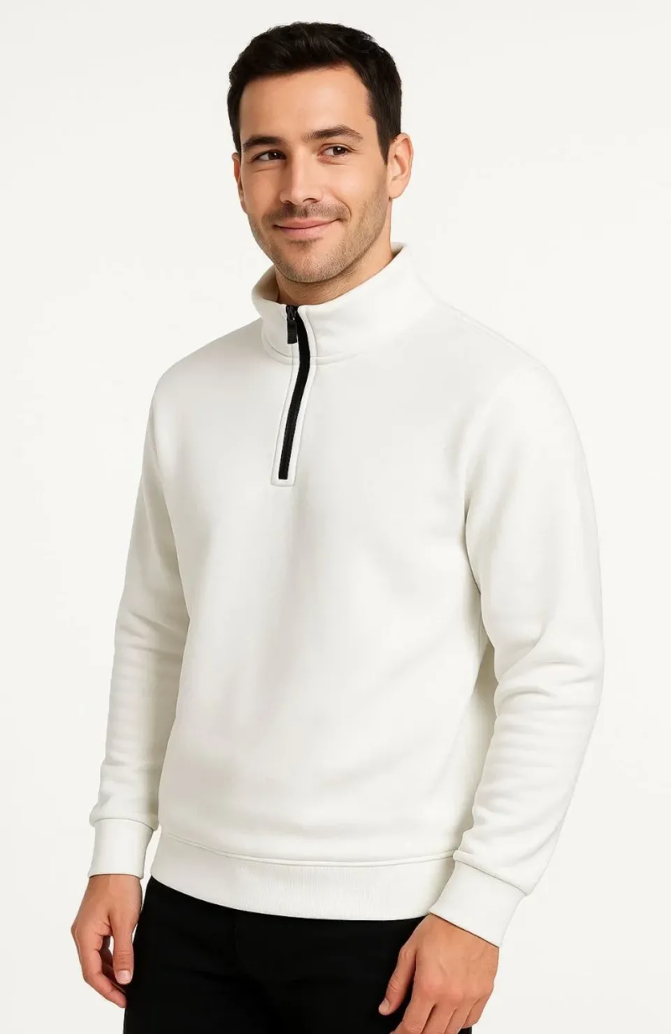 Erkek Dik Yaka Sweatshirt Dik Yaka Yarım Fermuarlı 3 İplik Şardonlu Pamuk Kumaş - Beyaz