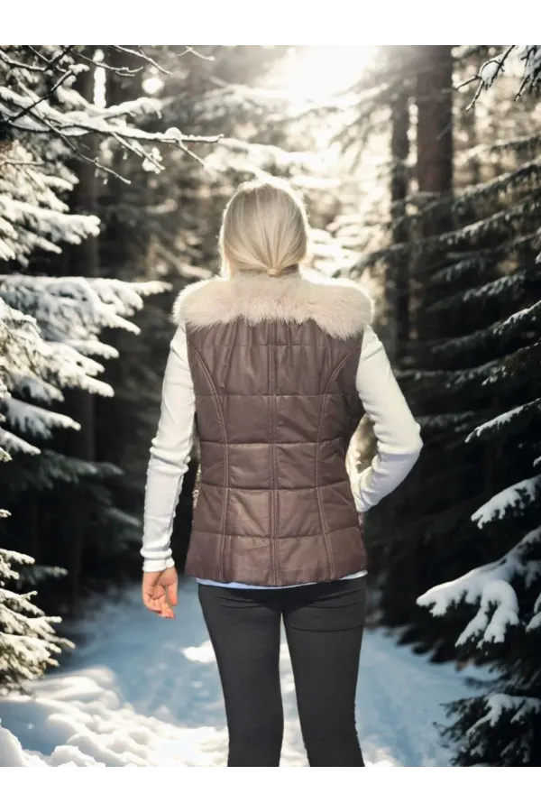 Kadın Kolsuz Fermuarlı Yelek - Kahve