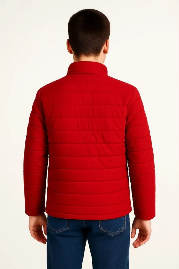 Erkek Çocuk Şişme Mont Hafif ve Sıcak Tutucu Kışlık Fermuarlı Su İtici Rahat Günlük Mont Kapüşonuz Modern Tasarım - Kırmızı