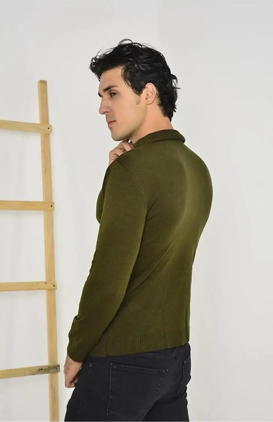 Erkek Tam Balıkçı Yaka Düz Renk Kazak - Yeşil