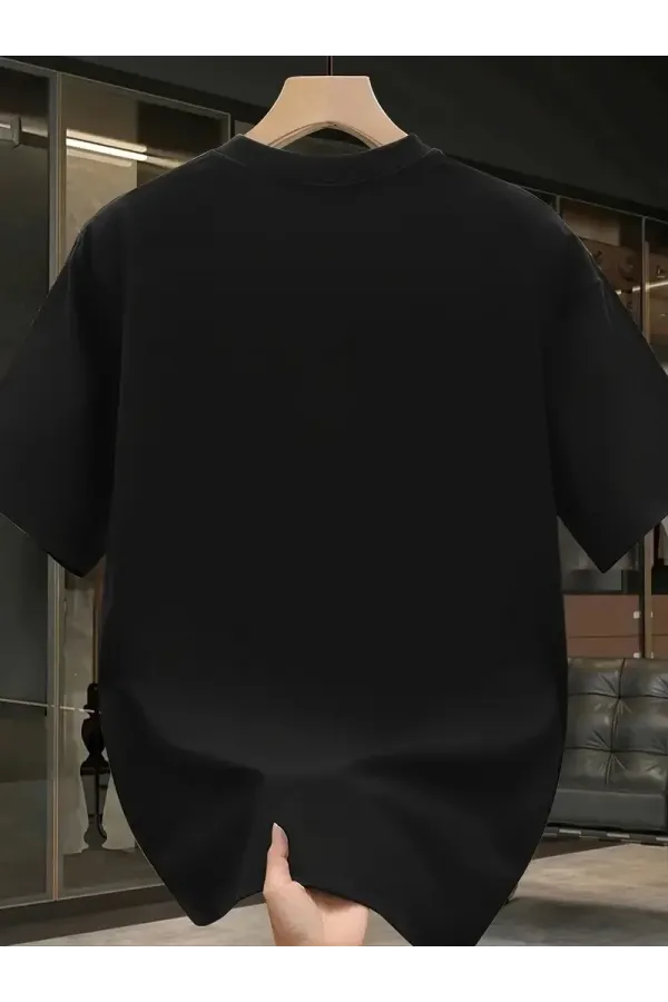 Pembe Panter Baskılı Erkek Oversize Günlük Kısa Kollu Tişört İlkbahar ve Yaz için Mükemmeldir - Siyah