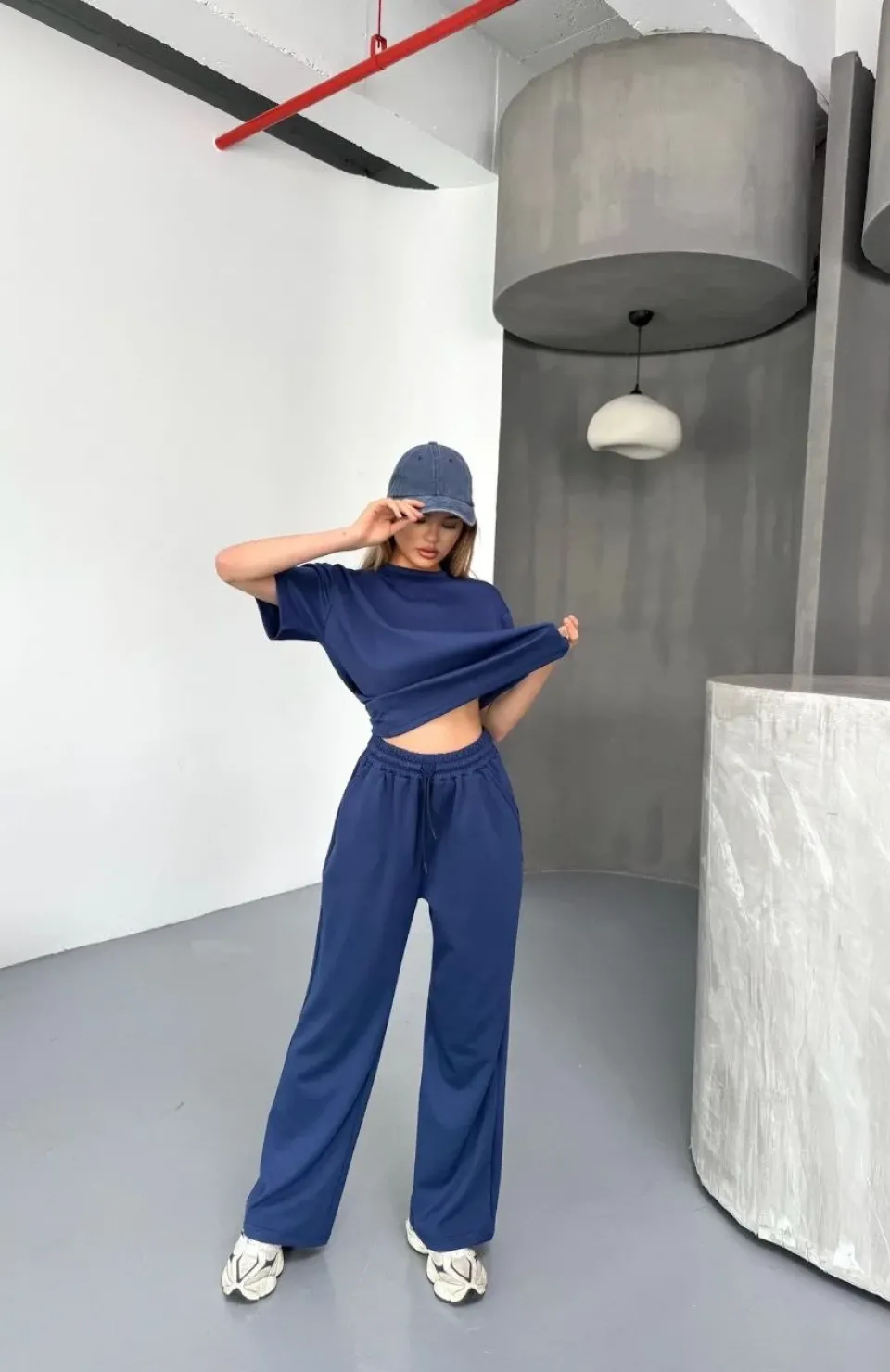 Osy Modal Yumuşak Dokulu Kumaş Kısa Kollu Bluz Rahat Pantalon ikili Takım- Lacivert