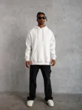 Erkek Düz Kapüşonlu Sweat - Beyaz