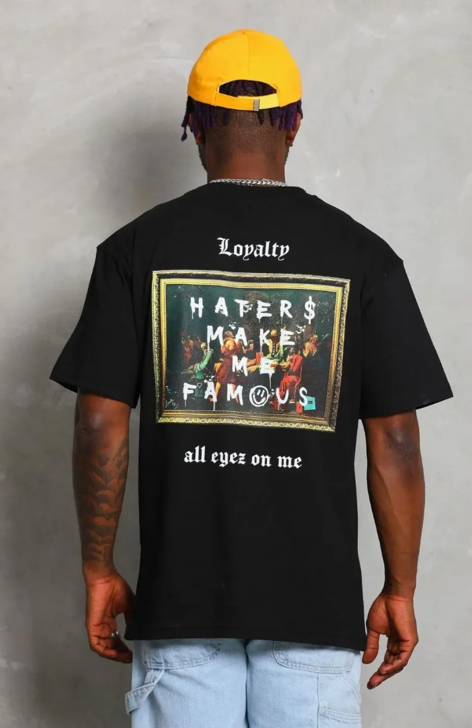 Unisex Oversize Baskılı Bisiklet Yaka T-Shirt - Siyah