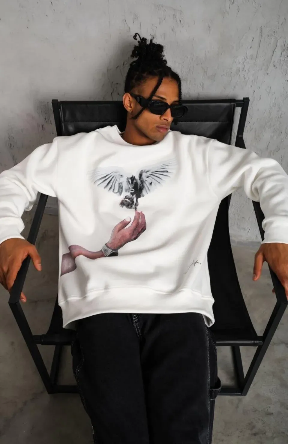 Erkek Güvercin Baskılı Sweatshirt - Beyaz