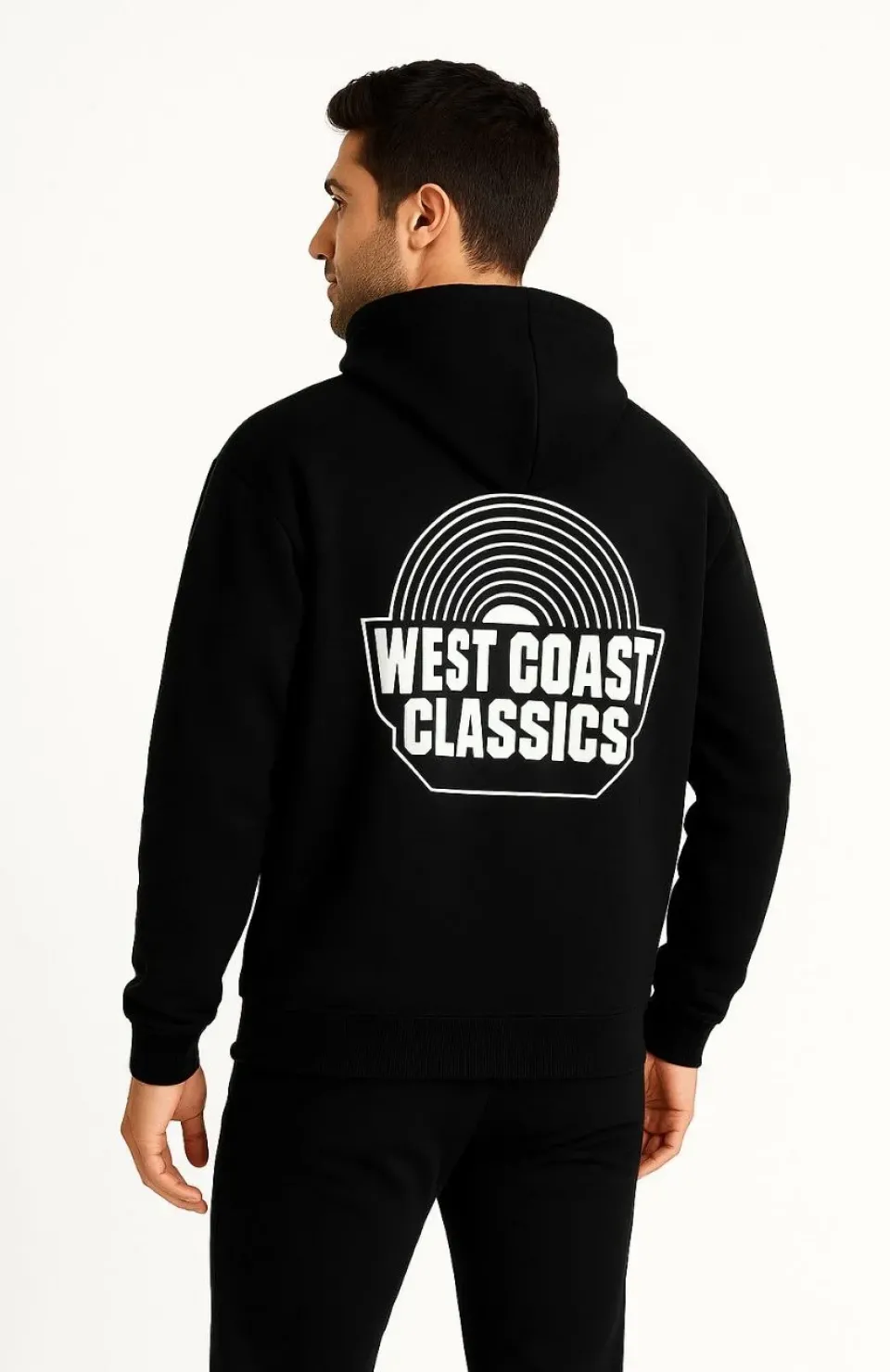 Erkek Kapşonlu Sweatshirt – Oversize Üç İplik Şardonlu Hoodie, “West Coast Classics” Ön & Arka Baskılı, Kanguru Cepli Kışlık Günlük Stil - Siyah