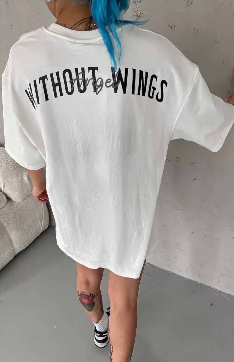 Unisex Bisiklet Yaka Baskılı Oversize T-Shirt - Beyaz