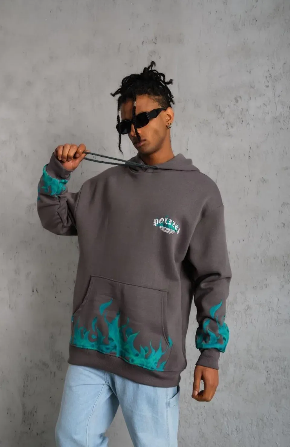 Erkek Üç İplik İçi Pamuklu Alev Baskılı Kapüşonlu Sweatshirt - Gri Somersan Giyim | Kadın, Erkek ve Çocuk Moda