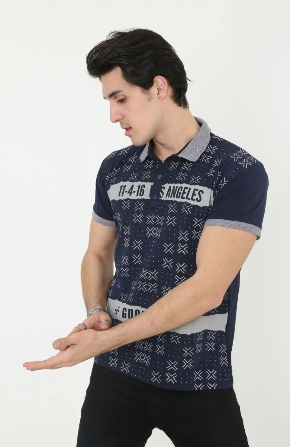 Erkek Yakalı Slim Fit Baskılı T-Shirt - Lacivert