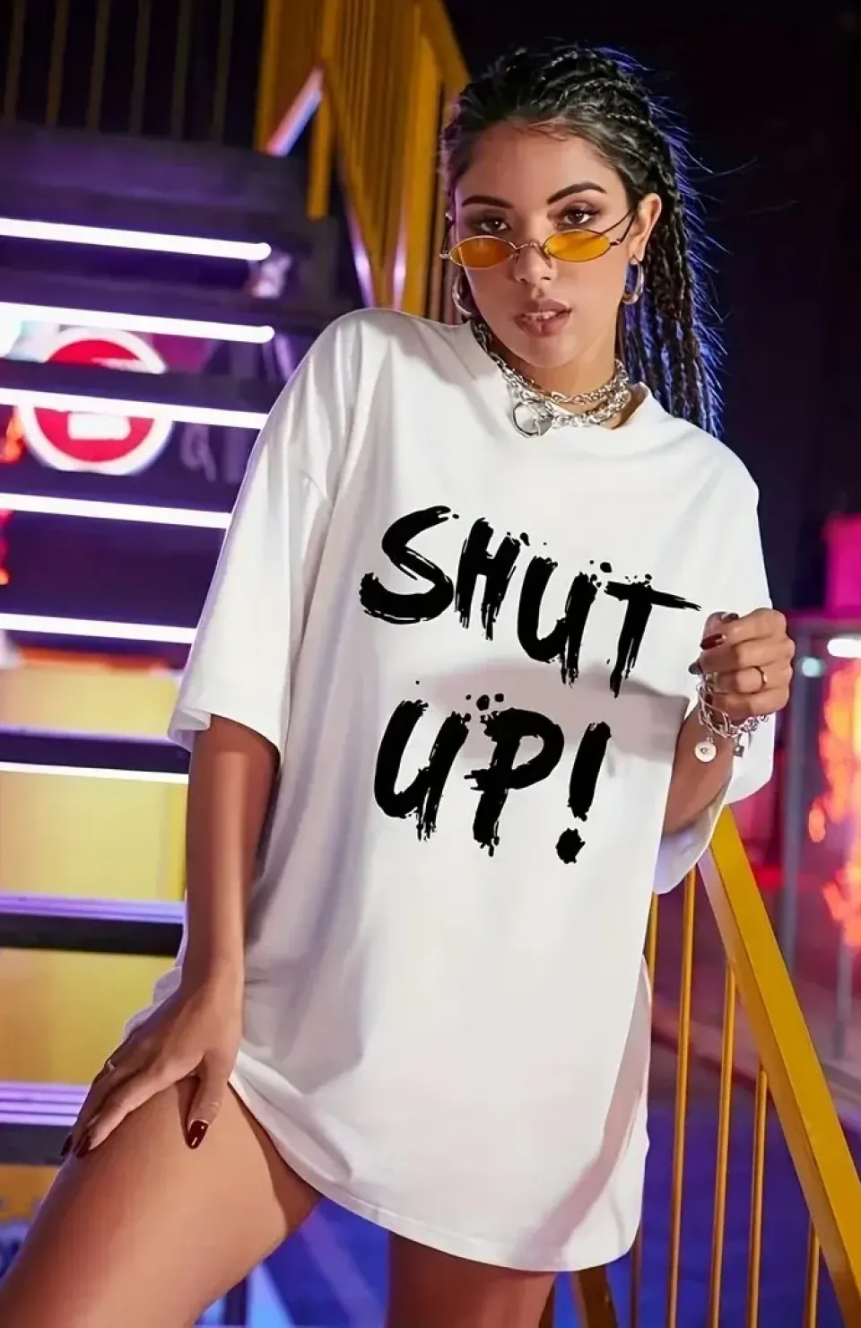 20/1 Penye Compack Oversize Beyaz Shut Up Kısa Kol Yazlık Tişört - Beyaz