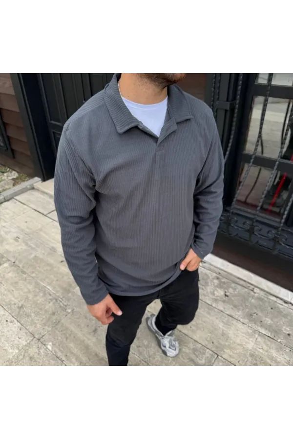 Erkek Fitilli Polar Sweatshirt – Düğmesiz Polo Yaka, Oversize Rahat Kalıp, Kalın Polar Kumaş, Kışlık ve Baharlık Şık Günlük Üst - Füme