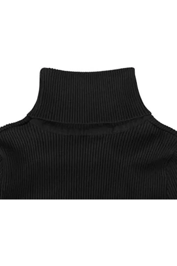 Kadın Boğazlı Triko Elbise – Uzun Fitilli Esnek Dokuma, Tam Kalıp, Kışlık & Baharlık Şık Rahat Stil, 130 cm Midi Boy Elbise - Siyah