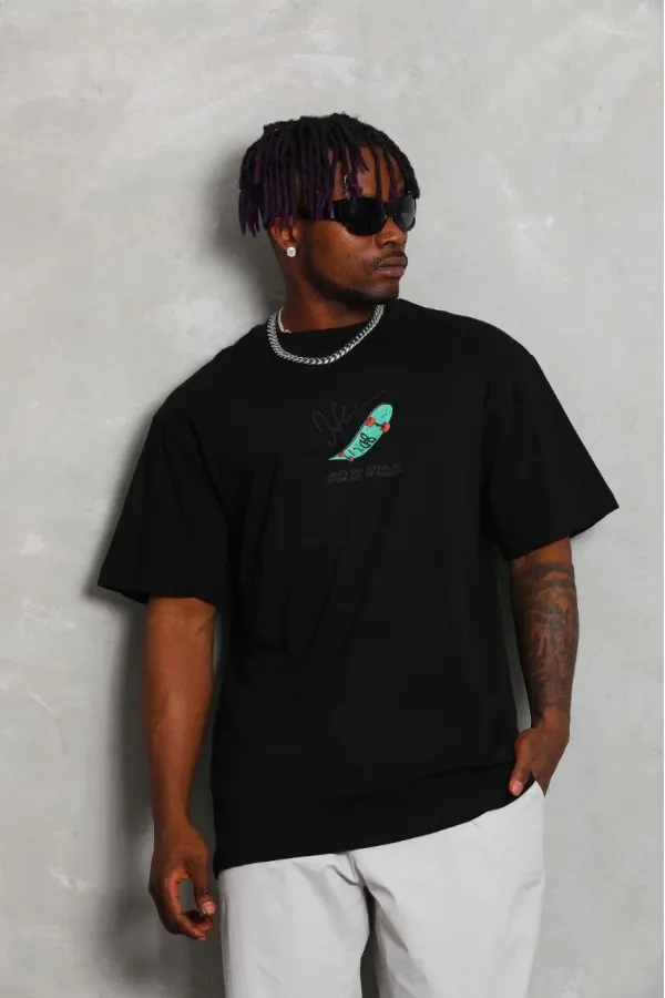 Unisex Oversize Baskılı Bisiklet Yaka T-Shirt - Siyah