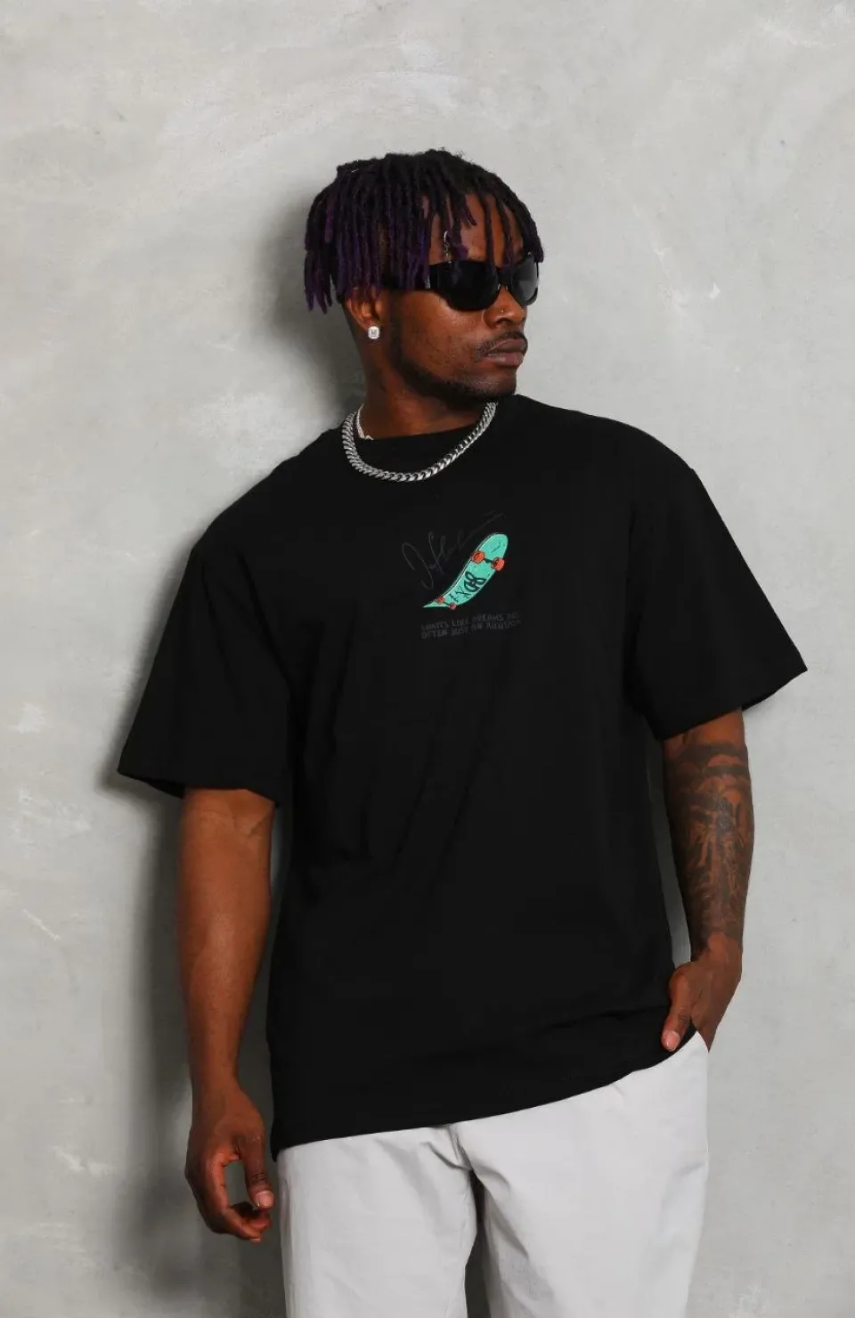 Unisex Oversize Baskılı Bisiklet Yaka T-Shirt - Siyah