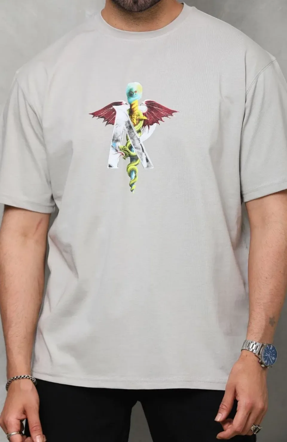 Unisex Bisiklet Yaka Baskılı Oversize T-Shirt - Gri