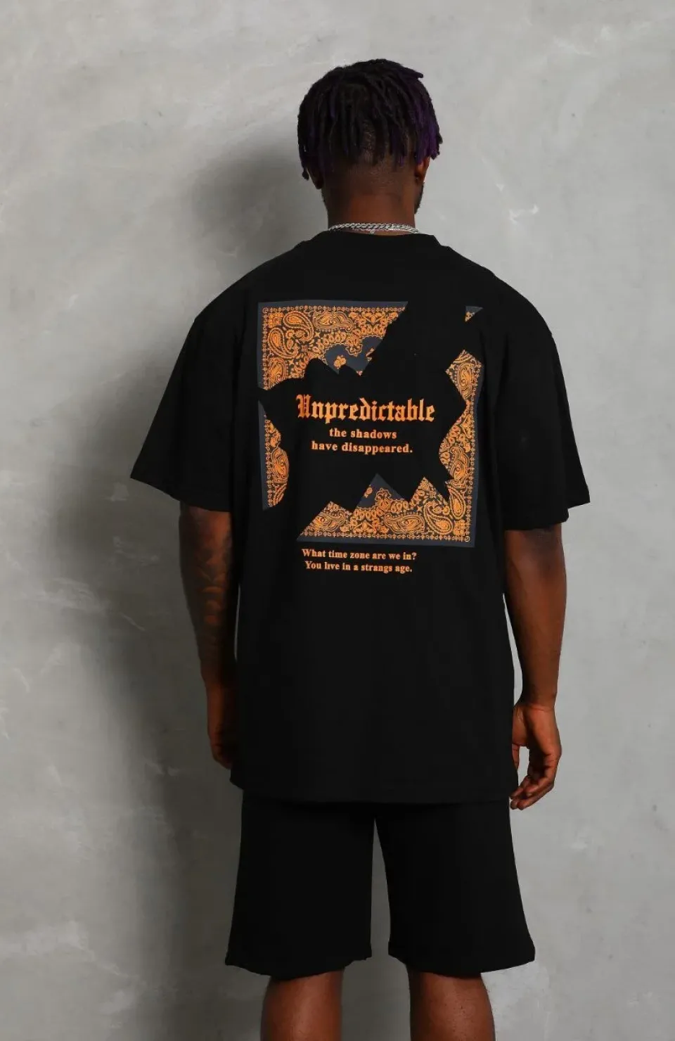 Unisex Oversize Baskılı Bisiklet Yaka T-Shirt - Siyah