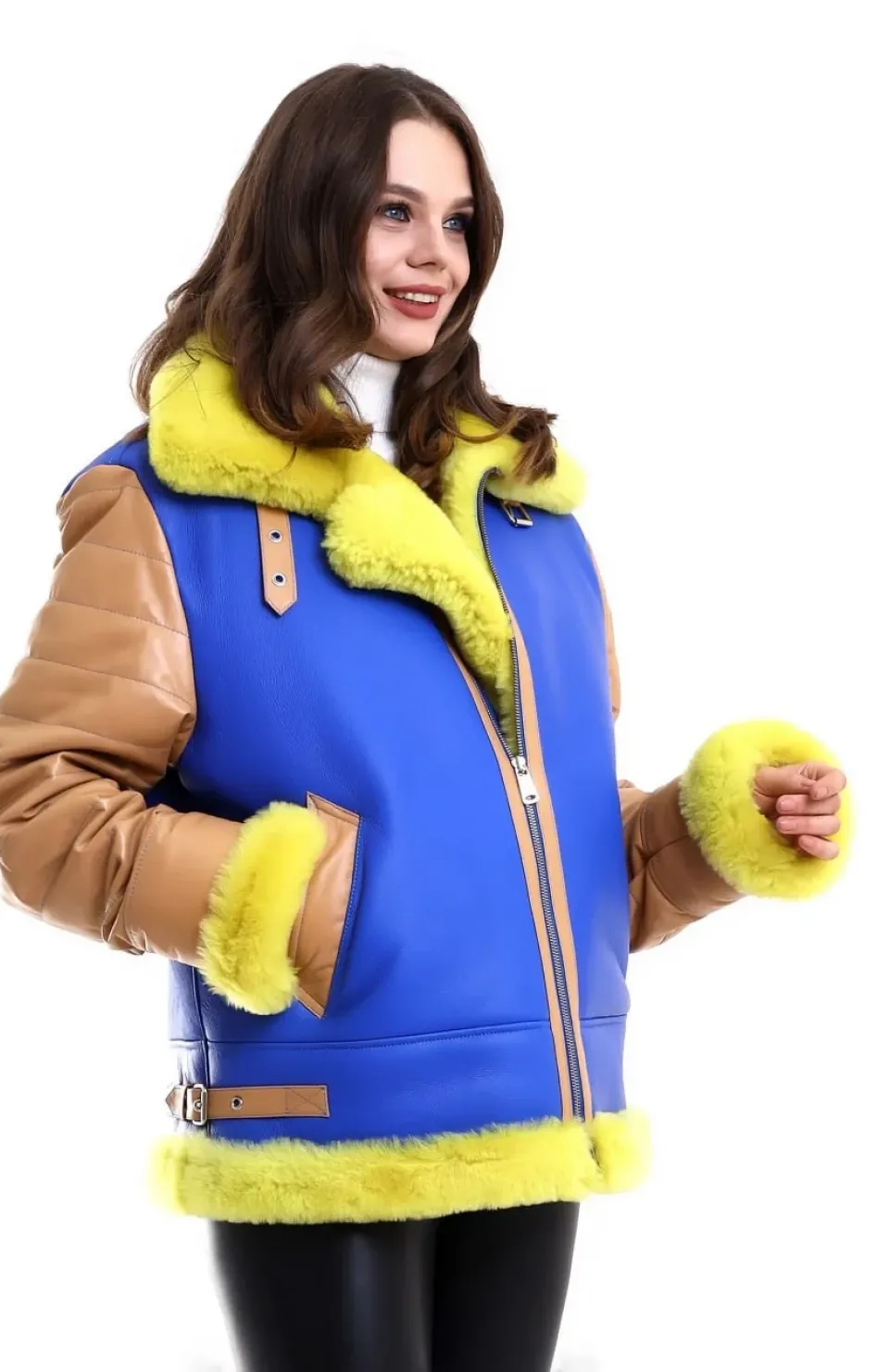 Kadın Koyun Derisi Pilot Hakiki Kürk - Sarı