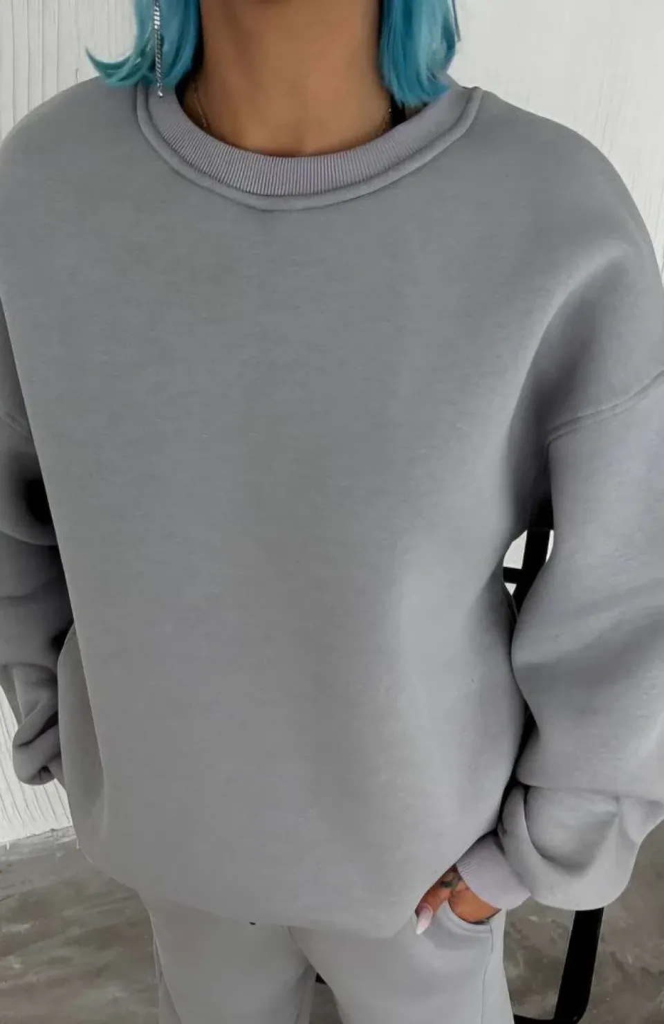Kışlık Bisiklet Yaka Üç İplik Basic SweatShirt - Gri