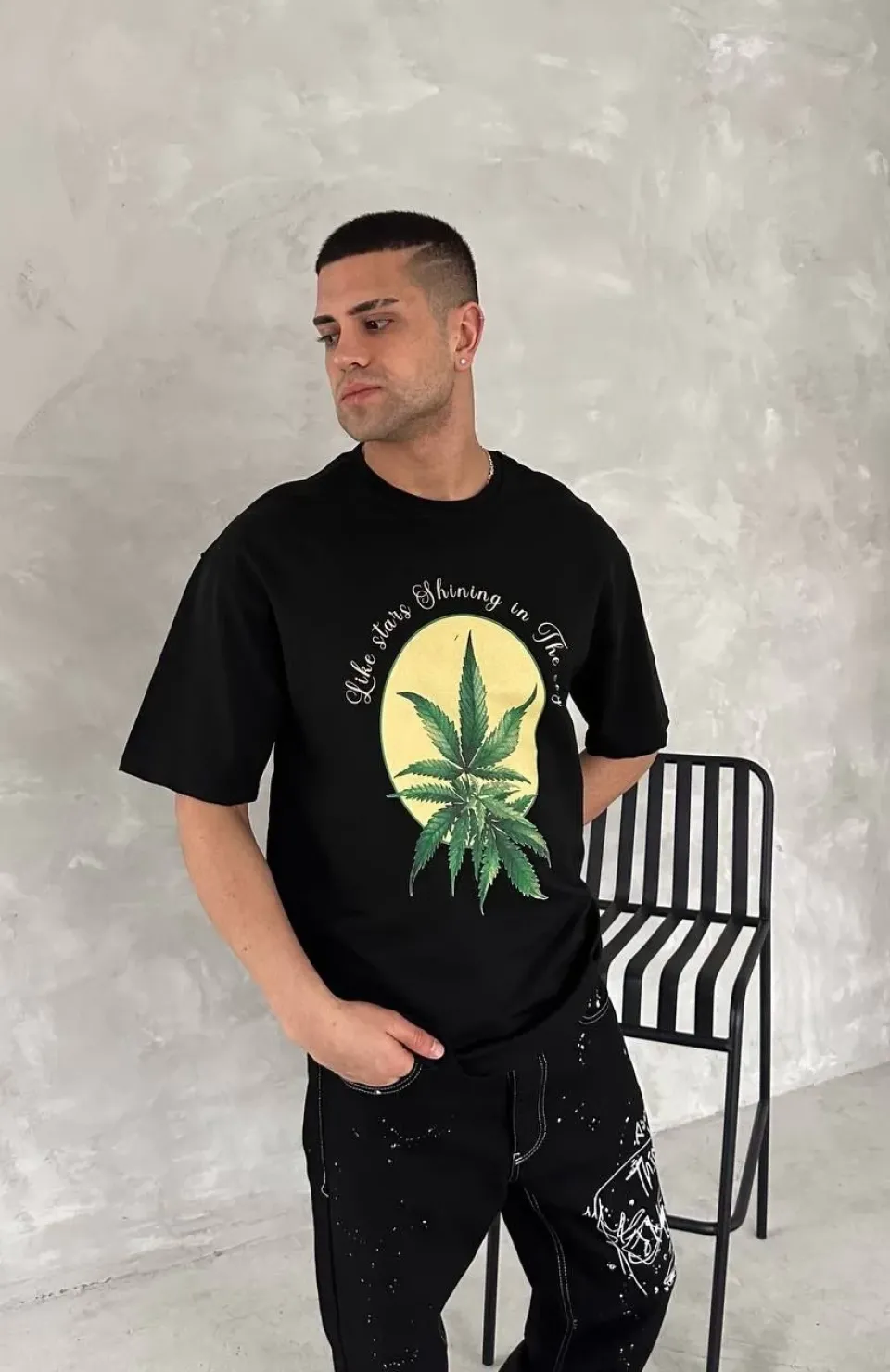 Ön ve Arka Baskılı Oversize Bisiklet Yaka T-shirt- Siyah