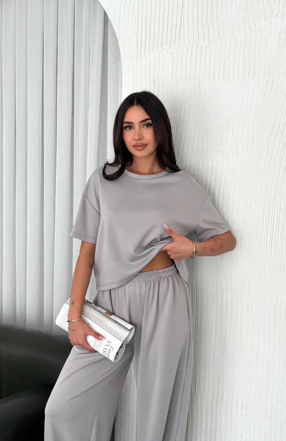 Osy Modal Yumuşak Dokulu Kumaş Bisiklet Yaka T-shirt Bol paça Pantalon ikili Takım - Boyalı Gri