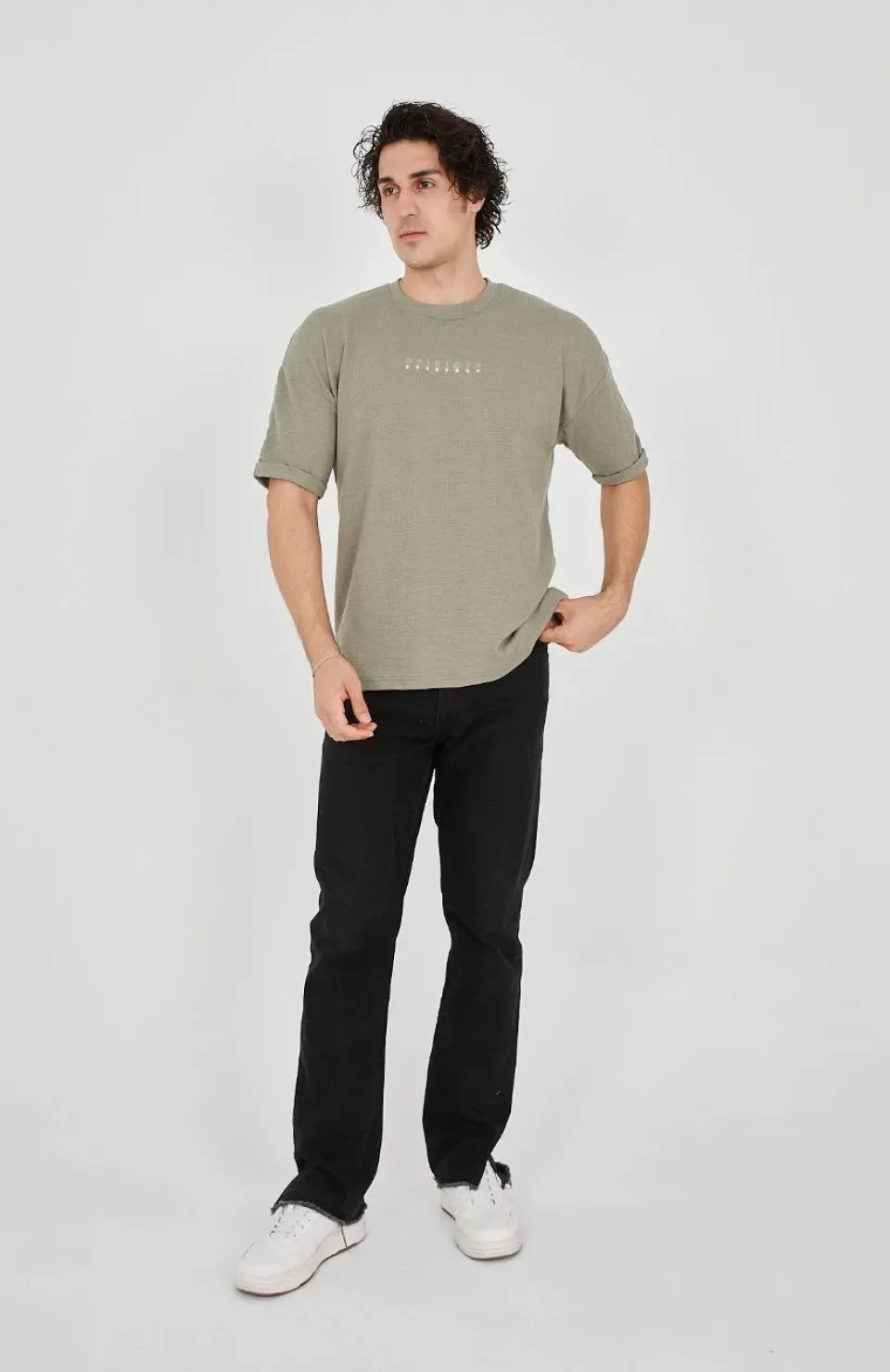 Unisex Jakar Kumaş Rahat Kol T-Shirt - Açık Yeşil