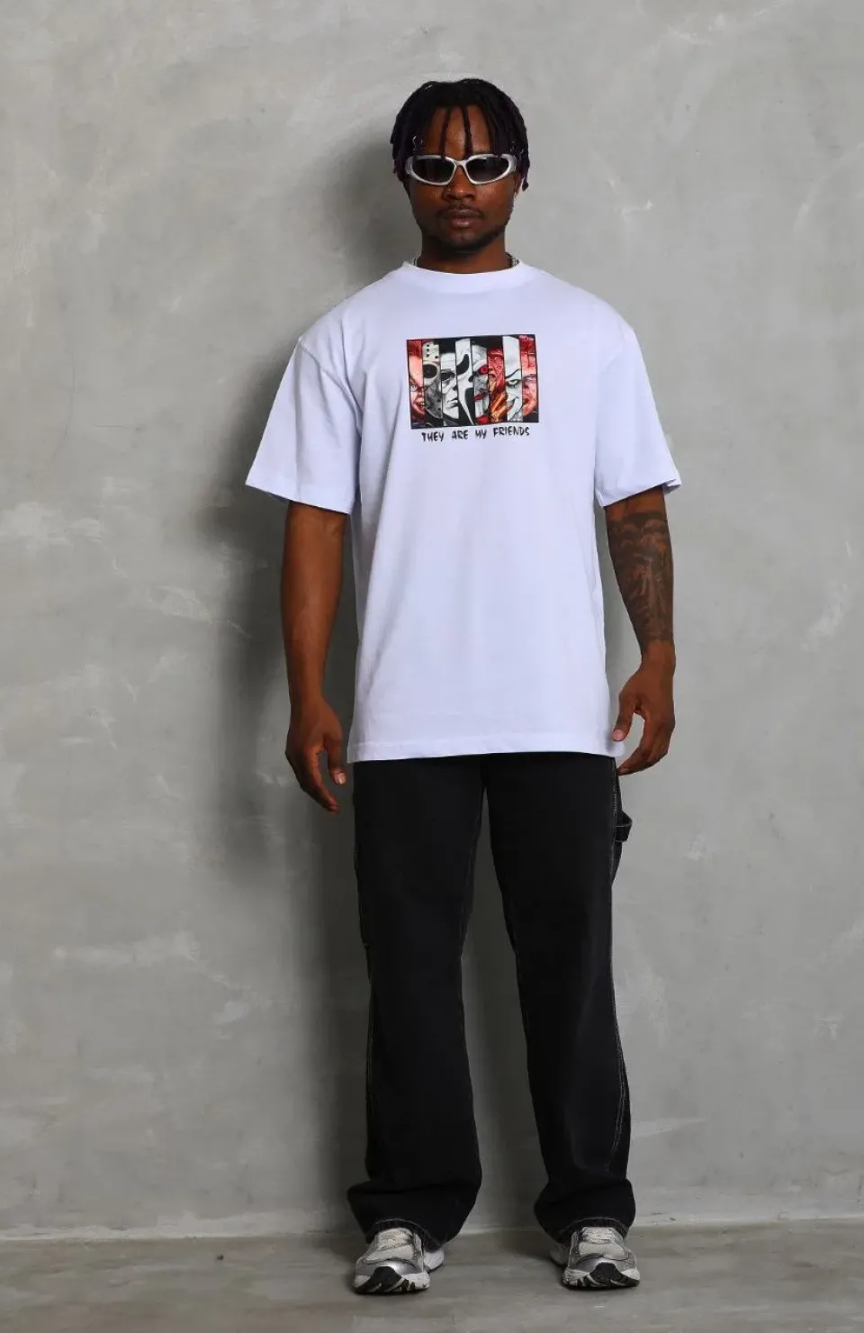 Unisex Oversize Baskılı Bisiklet Yaka T-Shirt - Beyaz