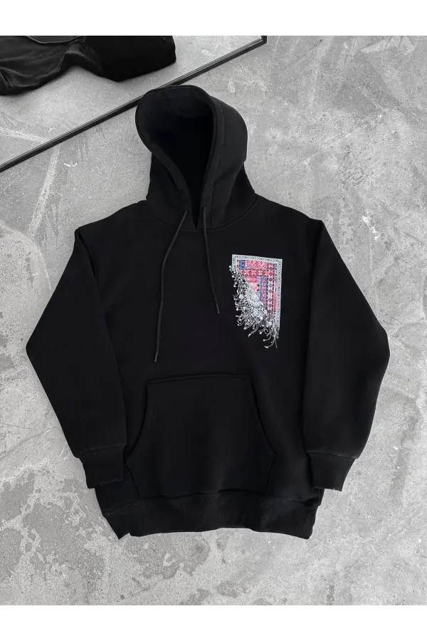 Uzun Kol Kapüşonlu Ön Ve Arka Baskılı SweatShirt - Siyah