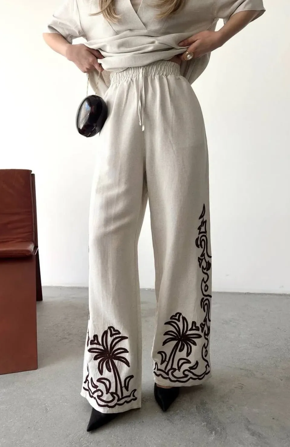 Keten Kısa kolu V Yaka Bluz Pantolon ikili Takım- Beyaz