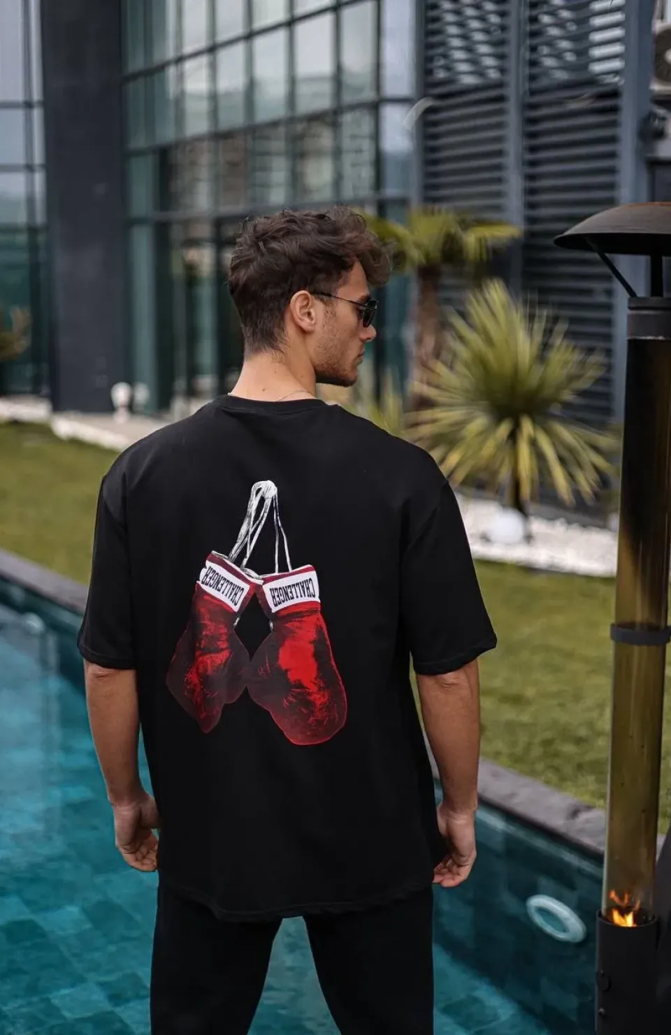 Unisex Bisiklet Yaka Baskılı Oversize T-Shirt - Siyah