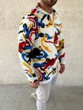 Erkek Yarım Fermuarlı Desenli Polar Sweat – Renkli Abstract Desen Yakalı, Uzun Kollu, Oversize Rahat Kalıp, - Beyaz