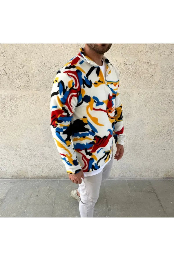 Erkek Yarım Fermuarlı Desenli Polar Sweat – Renkli Abstract Desen Yakalı, Uzun Kollu, Oversize Rahat Kalıp, - Beyaz