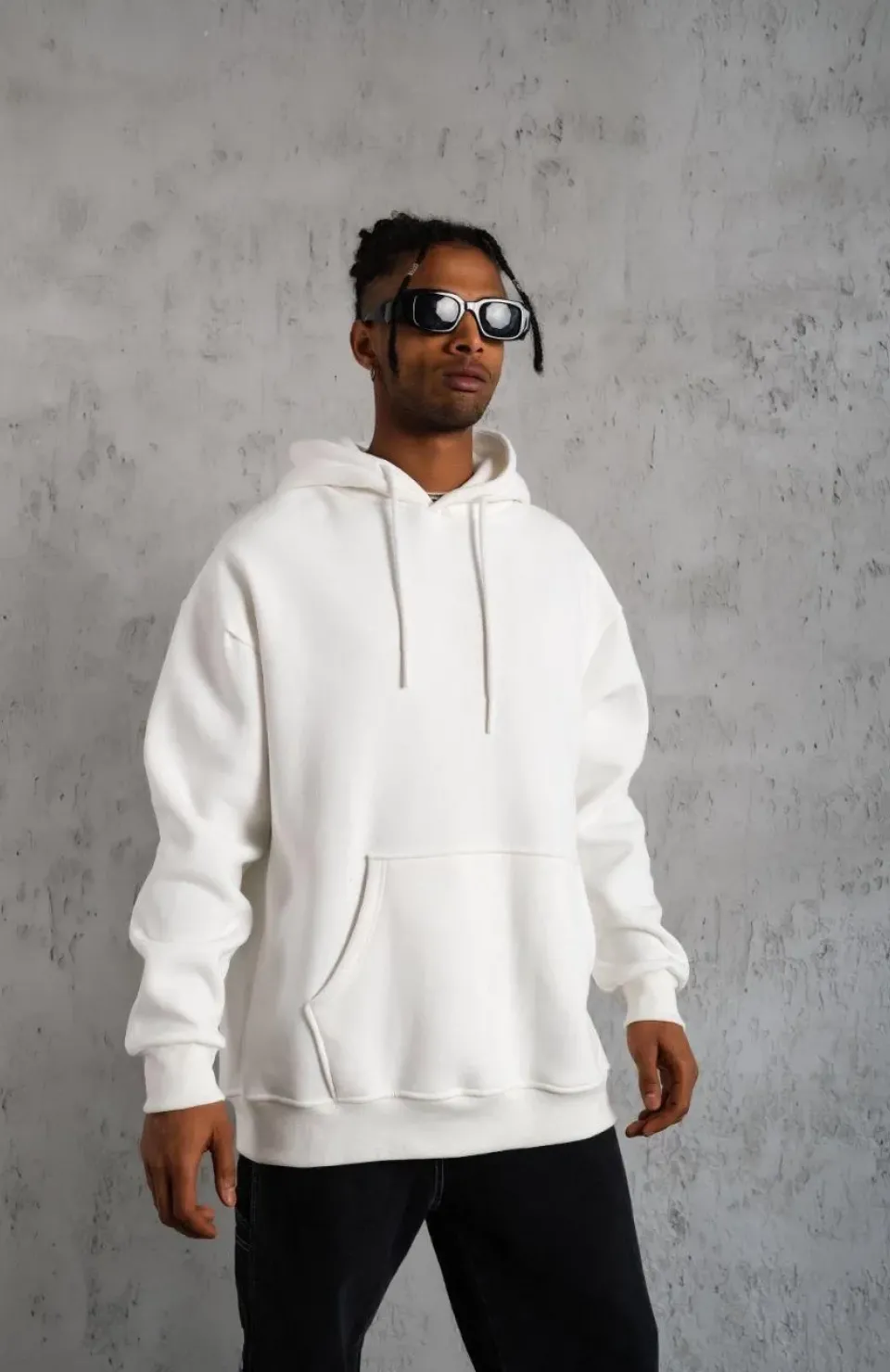 Erkek Düz Kapüşonlu Sweat - Beyaz