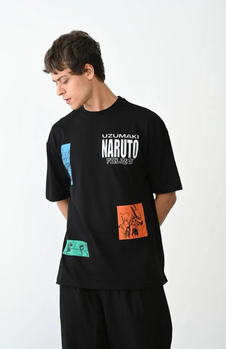 Unisex Bisiklet Yaka Baskılı Oversize T-Shirt - Siyah