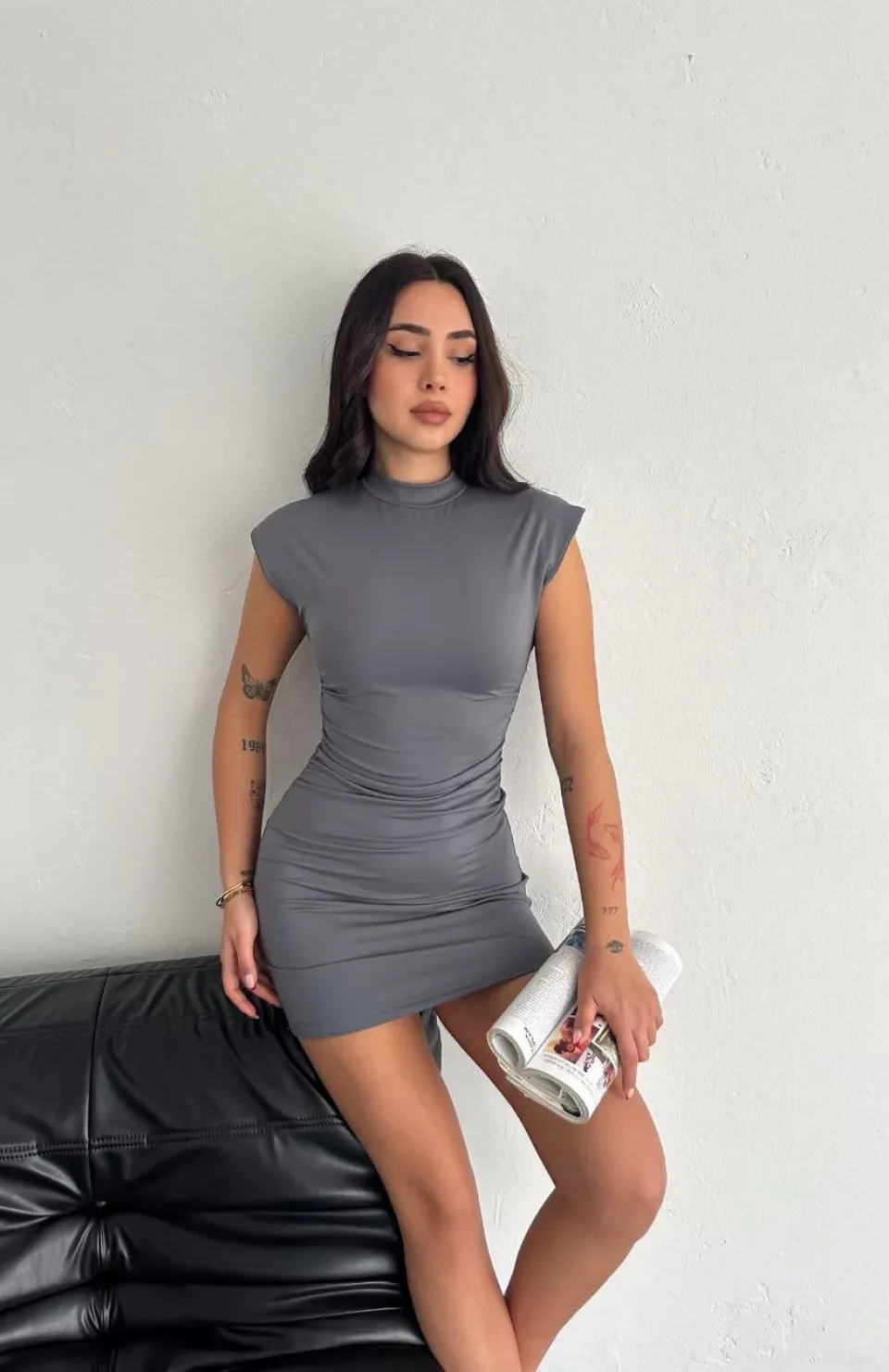 Yarım Bogazlı Kolsuz Mini Boy Elbise - Gri