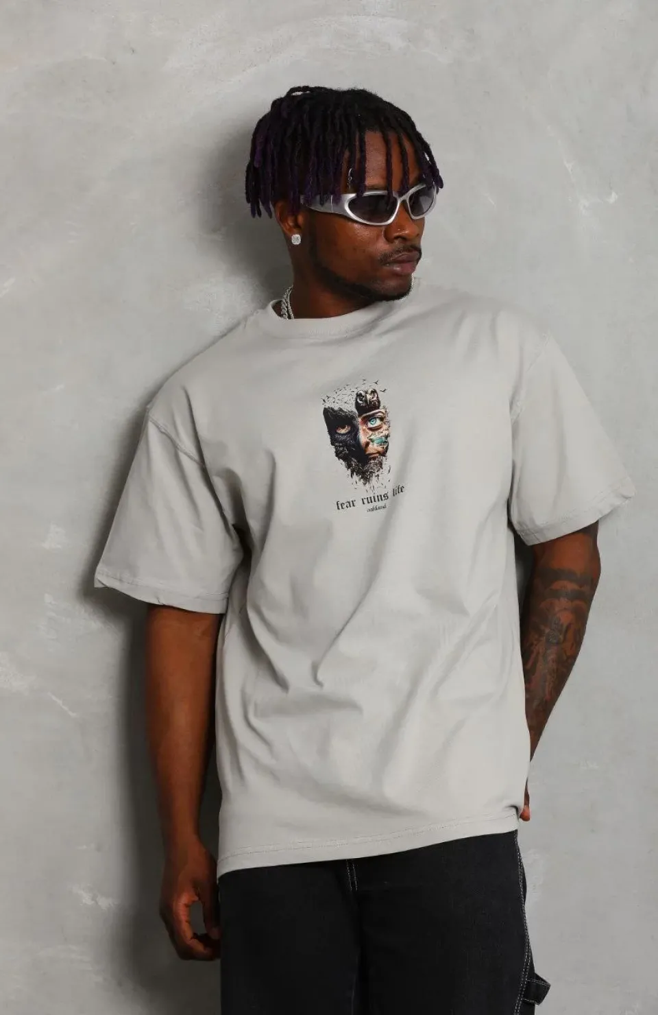 Unisex Oversize Baskılı Bisiklet Yaka T-Shirt - Gri