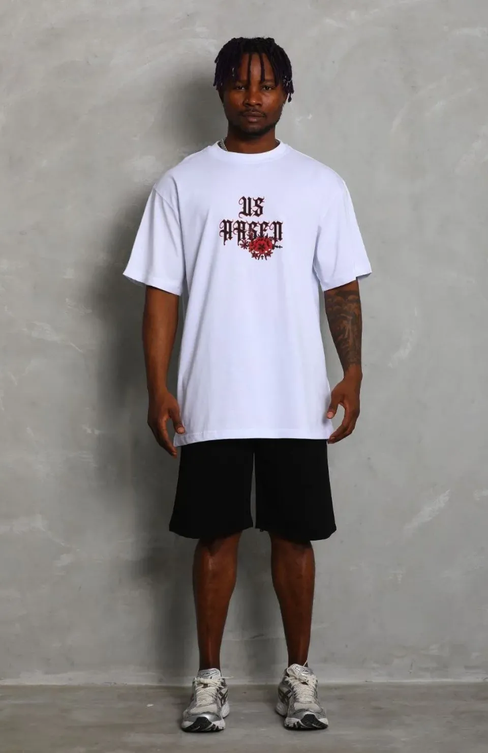 Unisex Oversize Baskılı Bisiklet Yaka T-Shirt - Beyaz