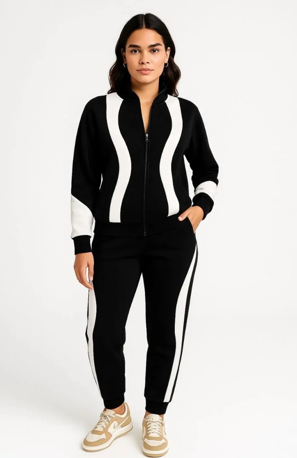 Kadın Premium Parçalı Eşofman Takım - Dik Yaka Fermuarlı Sweatshirt - Siyah