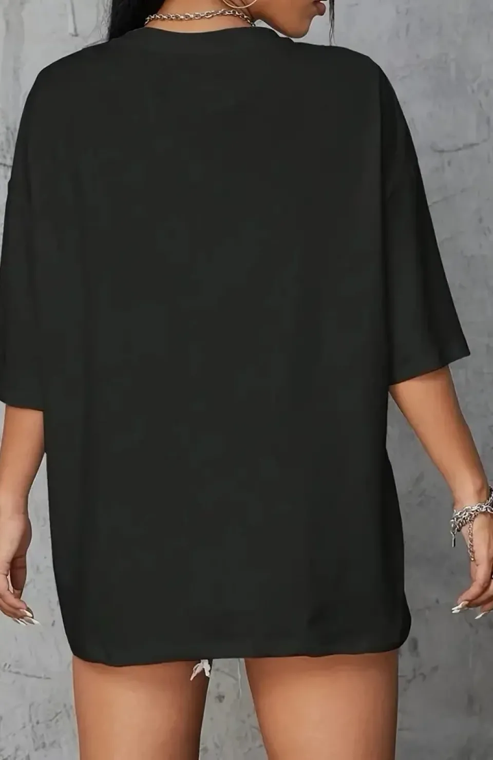 20/1 Penye Compack Baskılı Oversize Kahve Desenli Kadın Kısa Kol Yazlık T-shirt - Siyah