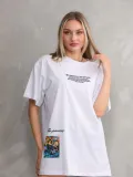 Unisex Bisiklet Yaka Baskılı Oversize T-Shirt - Beyaz