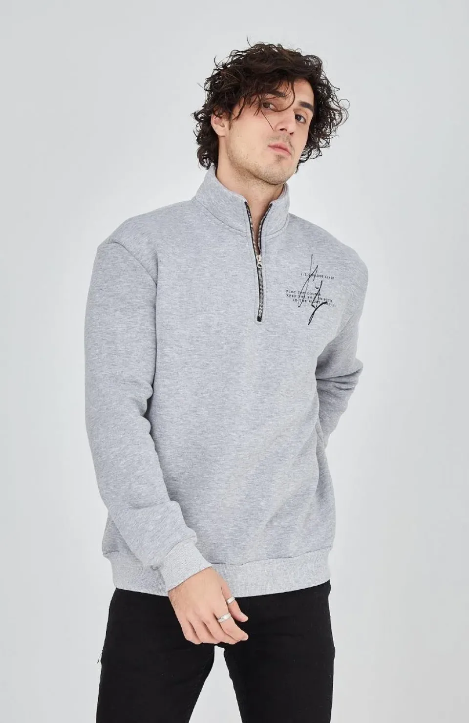 Erkek Yarım Fermuarlı Baskılı Sweat - Gri