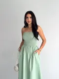 Straplez Pileli Elbise - Su Yeşili