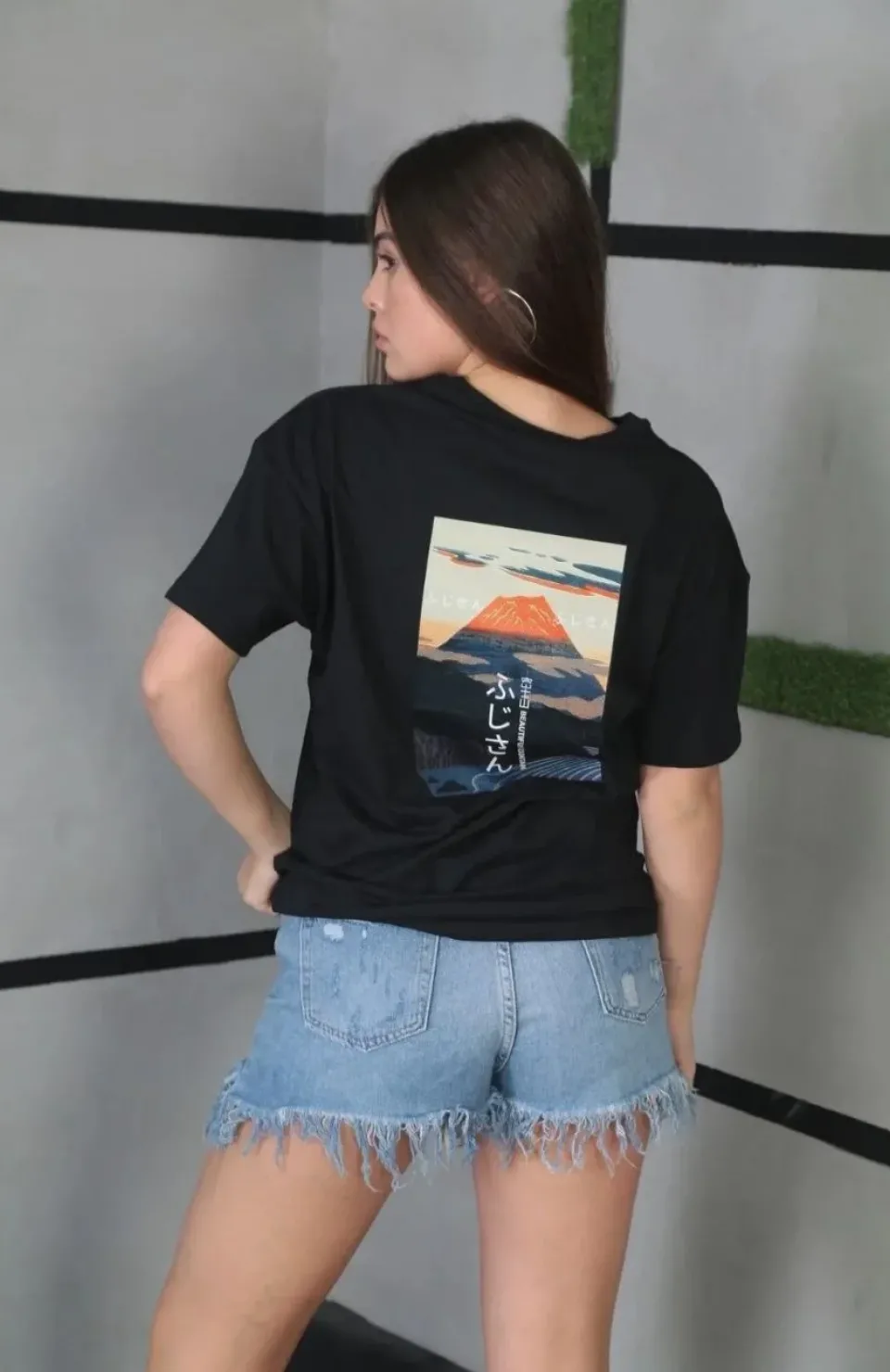 Unisex Bisiklet Yaka Baskılı Oversize T-Shirt - Siyah