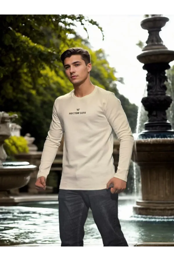 Unisex Bisiklet Yaka Uzun Kollu T-Shirt - Beyaz