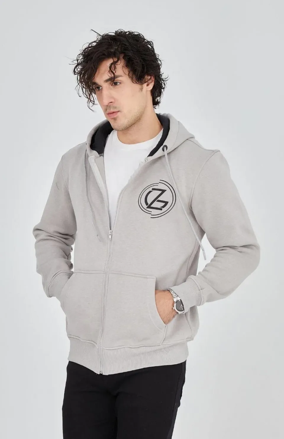 Erkek Kapüşonlu Baskılı Fermuarlı Hırka - Boyalı Gri Somersan Giyim | Kadın, Erkek ve Çocuk Moda